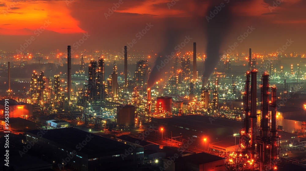 Obraz premium A vibrant industrial landscape at dusk, showcasing illuminated factories and smokestacks against a colorful sky.