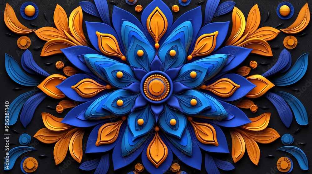 A vibrant floral design featuring intricate patterns in blue and orange, perfect for decor or textile projects.