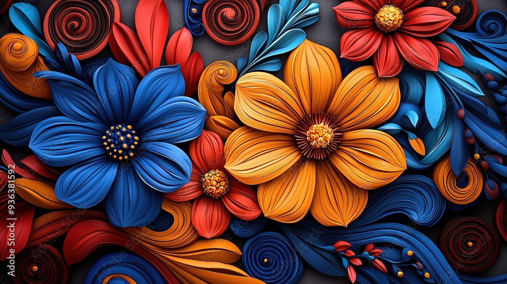 Fototapeta premium Vibrant floral composition featuring colorful flowers and leaves, designed with intricate details and a lively aesthetic.
