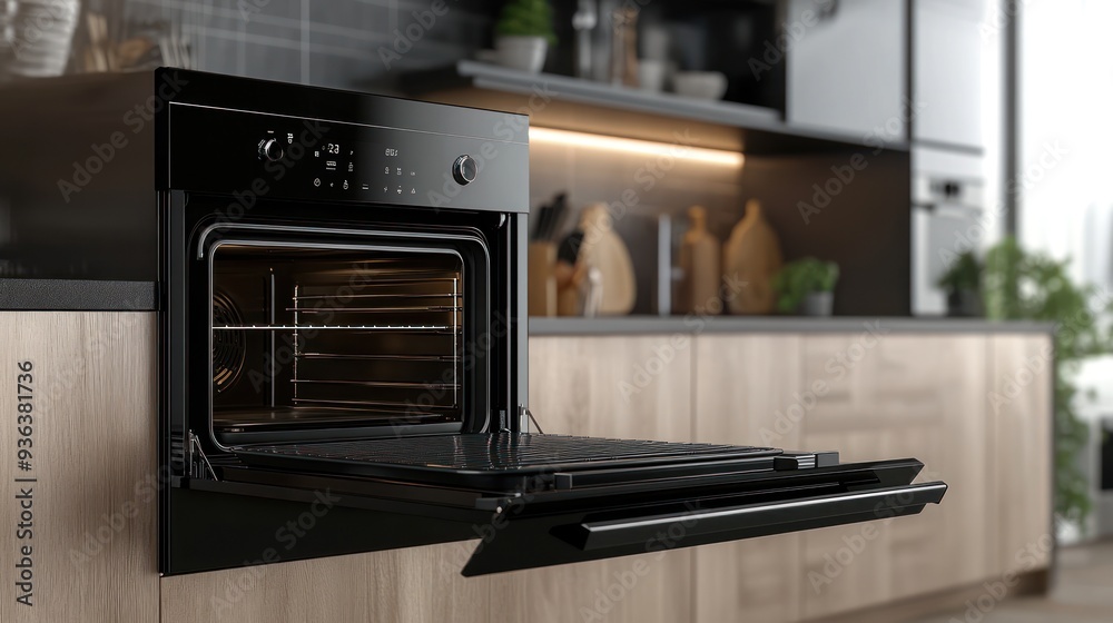 electric oven with hot air ventilation and open door New household builtin appliance in modern kitchen electric oven with hot air ventilation and open door New household builtin appliance in modern kitchen