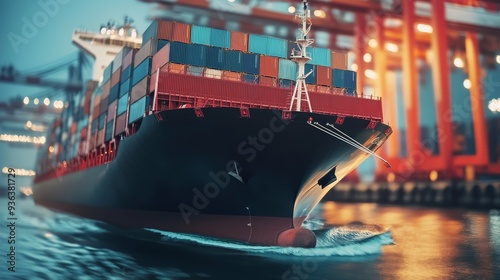 A large cargo ship loaded with colorful containers navigating through a harbor at dusk. photo