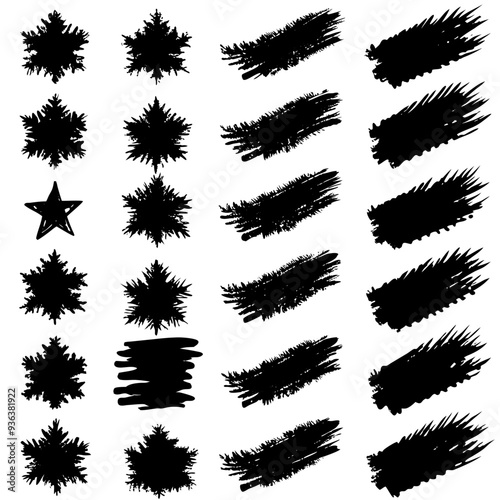 Black brush strokes and snowflakes on a white background