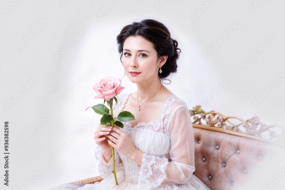 Elegant Woman in Lace Dress Holding Pink Rose with a Serene Expression Elegant Woman in Lace Dress Holding Pink Rose with a Serene Expression