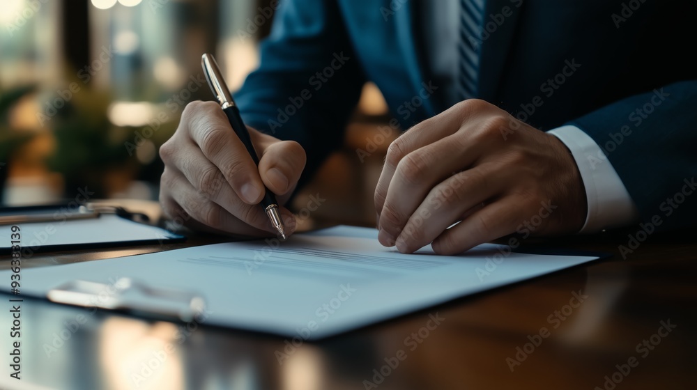 A businessman is focused on signing a signature form as he sits at a desk covered with documents. The office setting is sleek, and it's an afternoon meeting filled with important tasks. A businessman is focused on signing a signature form as he sits at a desk covered with documents. The office setting is sleek, and it's an afternoon meeting filled with important tasks.