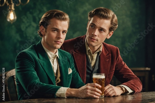 Young man in vintage clothing, royal person, princess sitting and drinking beer with wish against dark green, vintage background photo