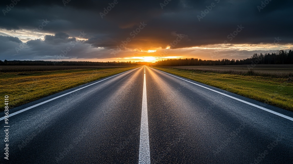 A serene road stretching into the horizon, illuminated by a sunset, surrounded by fields and dramatic clouds. A serene road stretching into the horizon, illuminated by a sunset, surrounded by fields and dramatic clouds.