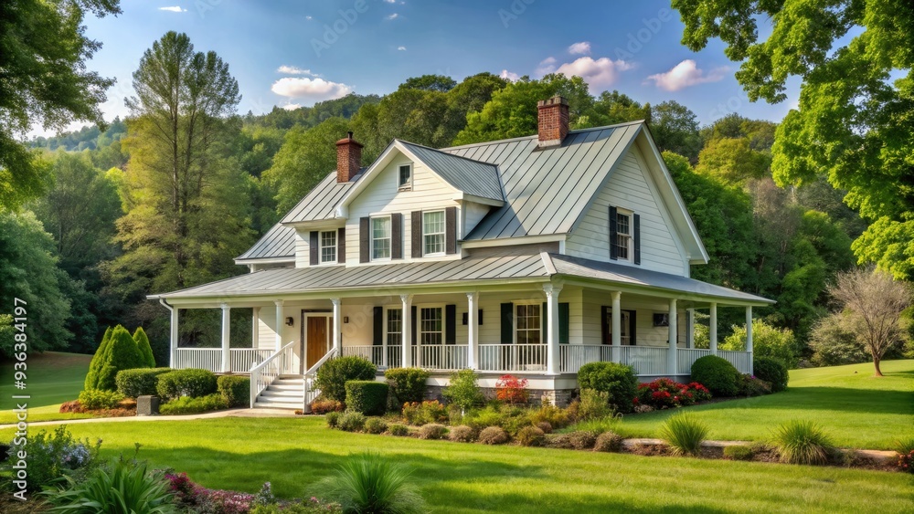 Charming classic white farmhouse with wraparound porch, wooden shutters, and vintage metal roof, surrounded by lush greenery and trees in a serene rural landscape. Charming classic white farmhouse with wraparound porch, wooden shutters, and vintage metal roof, surrounded by lush greenery and trees in a serene rural landscape.