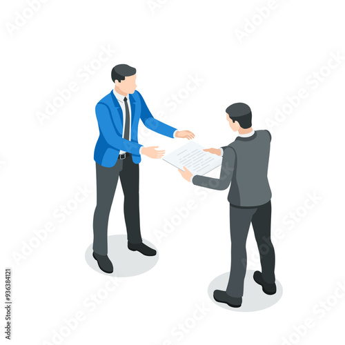 isometric vector business men hand over a document for signature, in color on a white background, secretary and paperwork