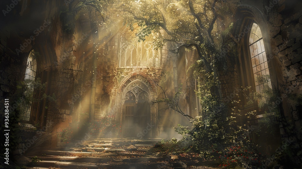 Naklejka premium Overgrown Gothic Church Ruins: A Mystical Journey Through Time