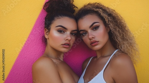 Two young women posing closely against a vibrant, colorful background, showcasing beauty and friendship.