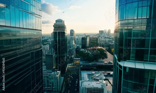 Aerial view over a modern city with skyscrapers and busy streets below.