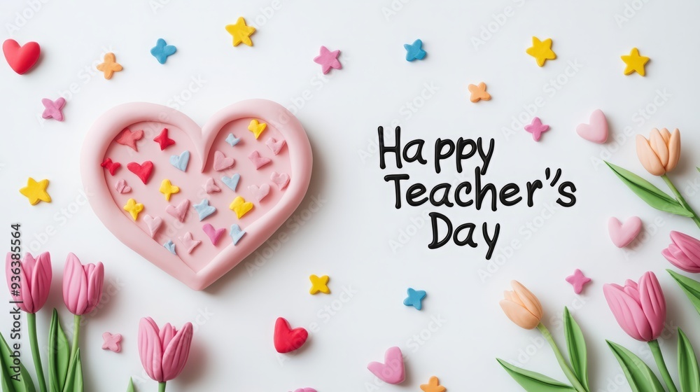 Heartfelt Tribute in Clay: Adorable Plasticine Art of Pink Tulips for Teacher's Day with Stars and Hearts Heartfelt Tribute in Clay: Adorable Plasticine Art of Pink Tulips for Teacher's Day with Stars and Hearts