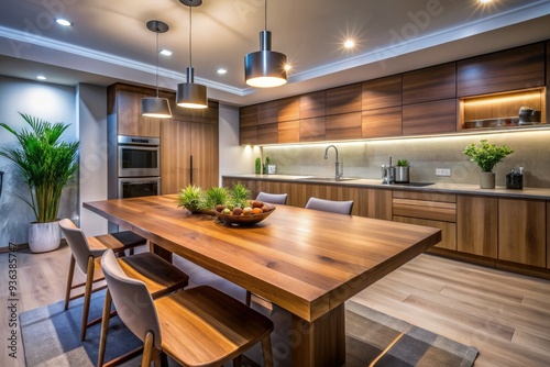 Clean and polished wooden table against a white background in a sleek, modern kitchen with subtle lighting, awaiting food, decor, or creative arrangements.