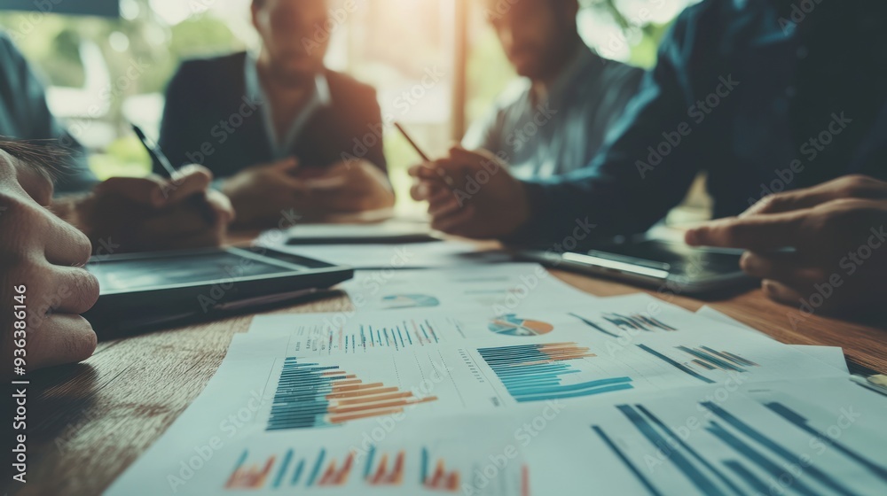 Team discussing market trends in business meeting, for analytical thinking and strategic planning Team discussing market trends in business meeting, for analytical thinking and strategic planning