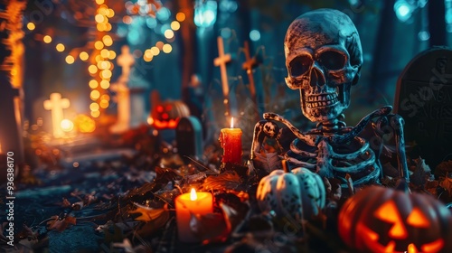 Skeleton in a graveyard cemetery, spooky halloween concept, pumpkins and candles.