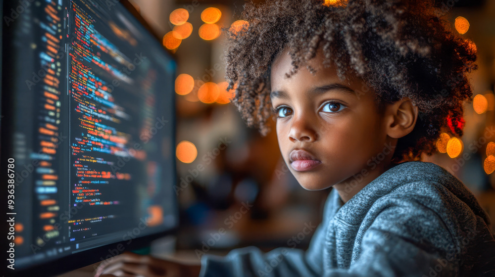A young child intensely focused on a computer screen displaying colorful lines of code, highlighting interest in technology and programming.. A young child intensely focused on a computer screen displaying colorful lines of code, highlighting interest in technology and programming..