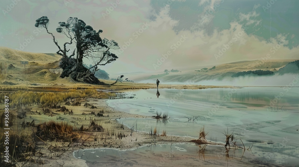 Solitude by the Lake: A Tranquil Landscape Painting Solitude by the Lake: A Tranquil Landscape Painting