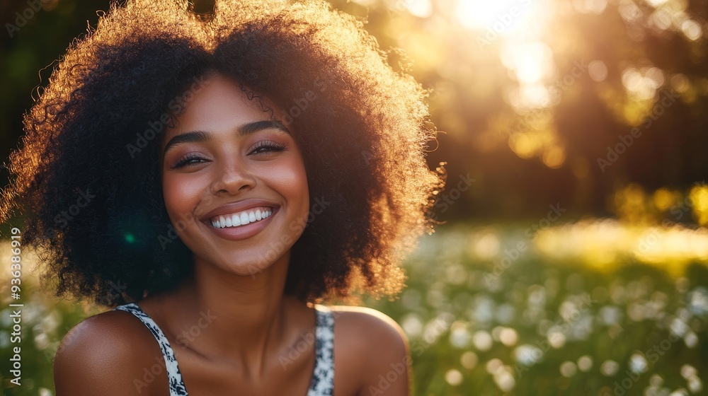 A smiling woman with curly hair in a sunlit field, conveying joy and warmth. A smiling woman with curly hair in a sunlit field, conveying joy and warmth.