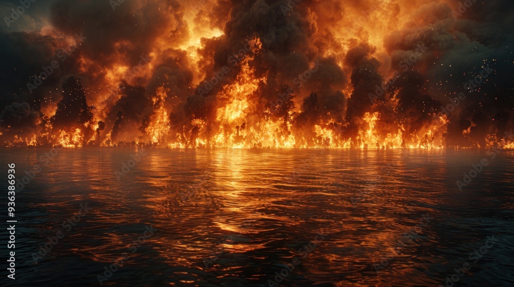 At night, the river bank is bombed by shells, huge flames are burning At night, the river bank is bombed by shells, huge flames are burning