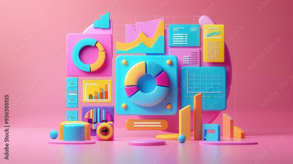 Fototapeta premium Colorful 3D data visualization elements on a pink background, perfect for presentations and analytics.
