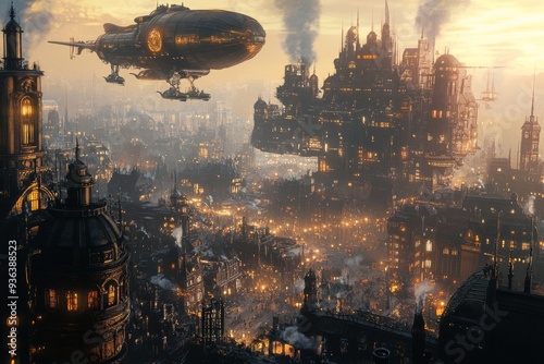 The city comes alive at dusk with towering airships above, illuminating the intricate machinery and ornate buildings from below, creating a vibrant, bustling atmosphere