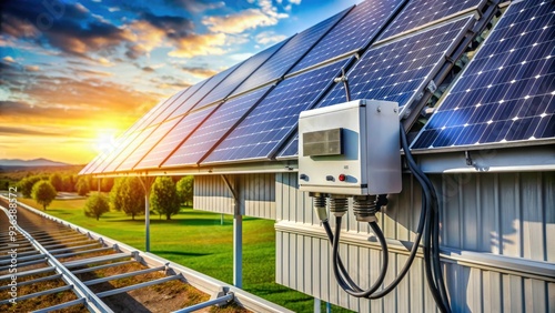 Close-up of a modern solar panel installation with monitoring system and wiring, displaying renewable energy harvesting and efficient power management in a sustainable setting. photo