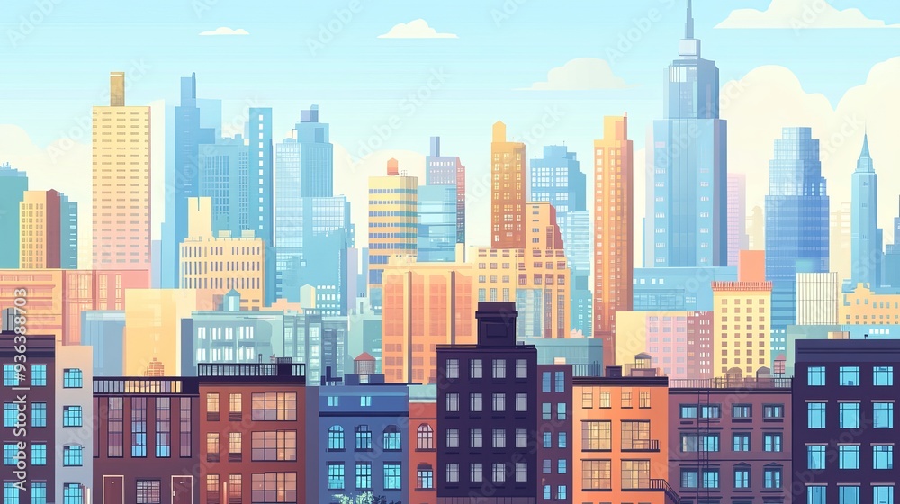 Obraz premium Vector illustration of a street skyline, depicting an urban landscape in a flat style during the daytime.