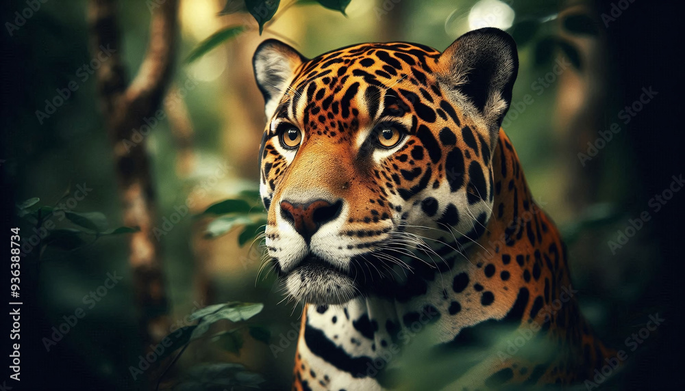 Fototapeta premium Close-up of an illustration of a Jaguar in the forest. Generative AI.