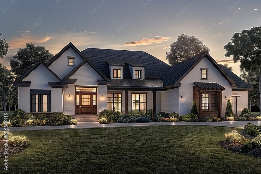 Beautiful modern house exterior with grass field Modern residential district Beautiful modern house exterior with grass field Modern residential district