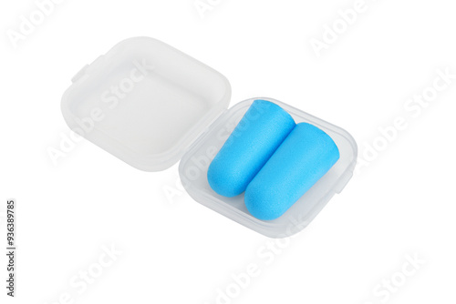 Blue earplugs with transparent box on blank background.