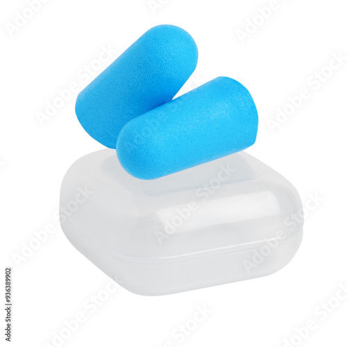 Obraz na plátně Blue earplugs with transparent box on blank background.
