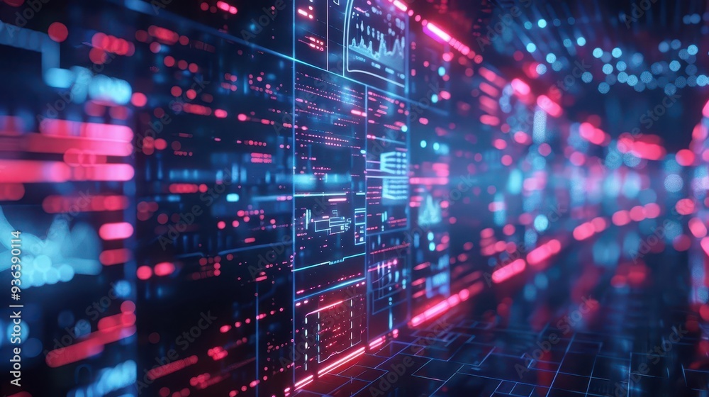 Futuristic digital background featuring vibrant neon lights and intricate data patterns, ideal for technology and innovation themes. Futuristic digital background featuring vibrant neon lights and intricate data patterns, ideal for technology and innovation themes.