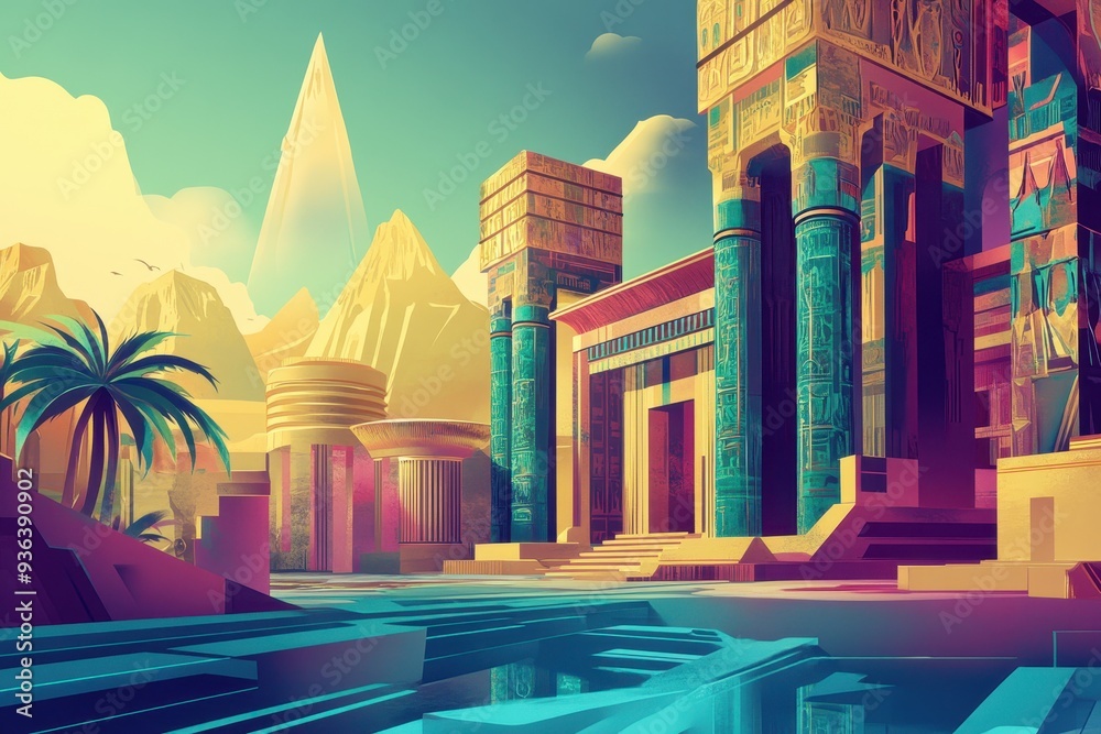 An Ancient Temple with Carved Pillars and a Reflecting Pool An Ancient Temple with Carved Pillars and a Reflecting Pool