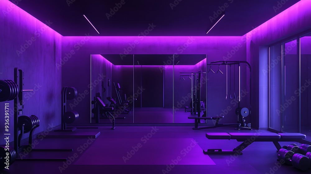 Modern Home Gym with Purple Lighting and Exercise Equipment Modern Home Gym with Purple Lighting and Exercise Equipment