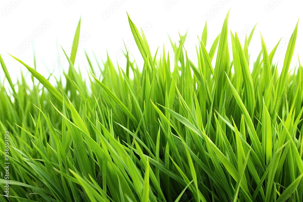 Close-up of lush, vibrant green grass blades swaying gently on a natural, pure white background, showcasing the detailed texture of the outdoor surface. Close-up of lush, vibrant green grass blades swaying gently on a natural, pure white background, showcasing the detailed texture of the outdoor surface.