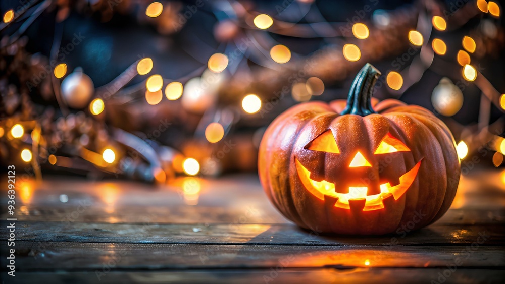 a carved pumpkin, commonly known as a jack-o'-lantern, sitting on a wooden surface. The pumpkin has a classic Halloween face carved into it, with triangular eyes, a triangular nose a carved pumpkin, commonly known as a jack-o'-lantern, sitting on a wooden surface. The pumpkin has a classic Halloween face carved into it, with triangular eyes, a triangular nose