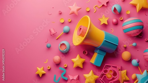 Colorful megaphone surrounded by playful shapes on a vibrant pink background, perfect for creative communication themes.