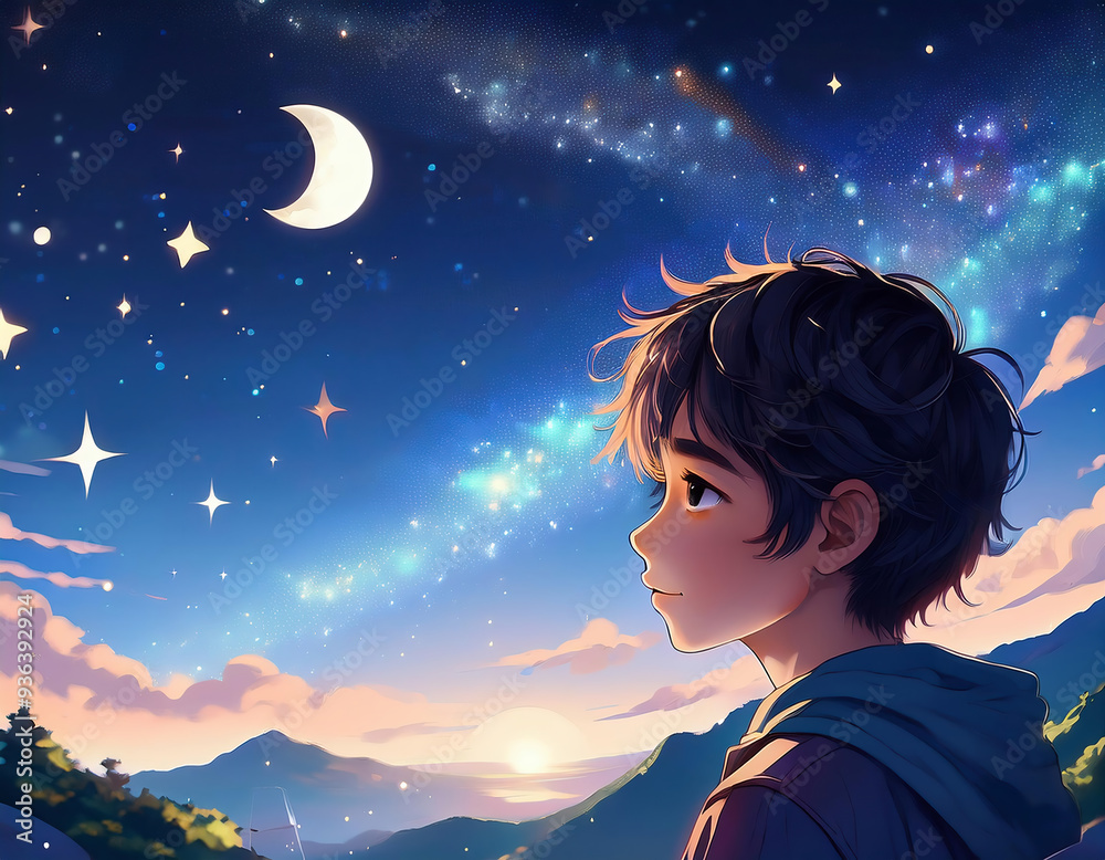 A dreamy night time scene featuring an anime cute boy with blowing hair in the wind looking up at a magical starry sky A dreamy night time scene featuring an anime cute boy with blowing hair in the wind looking up at a magical starry sky