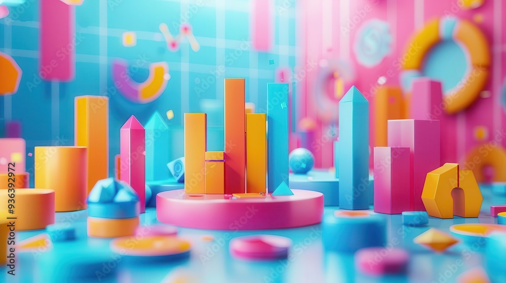 Colorful geometric shapes and vibrant figures create a dynamic 3D scene, ideal for backgrounds and creative designs. Colorful geometric shapes and vibrant figures create a dynamic 3D scene, ideal for backgrounds and creative designs.