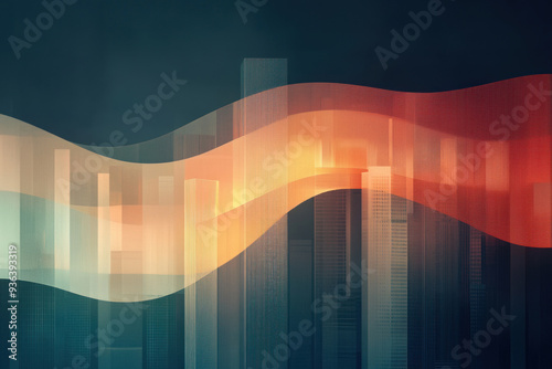 Digital waves of data flowing through a modern cityscape, representing the impact of economic policy on urban growth, economic flow, city development