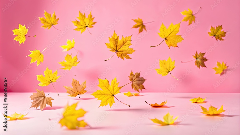 a collection of yellow and orange autumn leaves floating in the air against a pink background. The leaves are scattered at different heights and angles, creating a sense of movement a collection of yellow and orange autumn leaves floating in the air against a pink background. The leaves are scattered at different heights and angles, creating a sense of movement