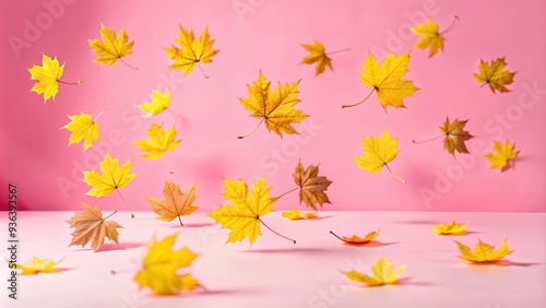 a collection of yellow and orange autumn leaves floating in the air against a pink background. The leaves are scattered at different heights and angles, creating a sense of movement