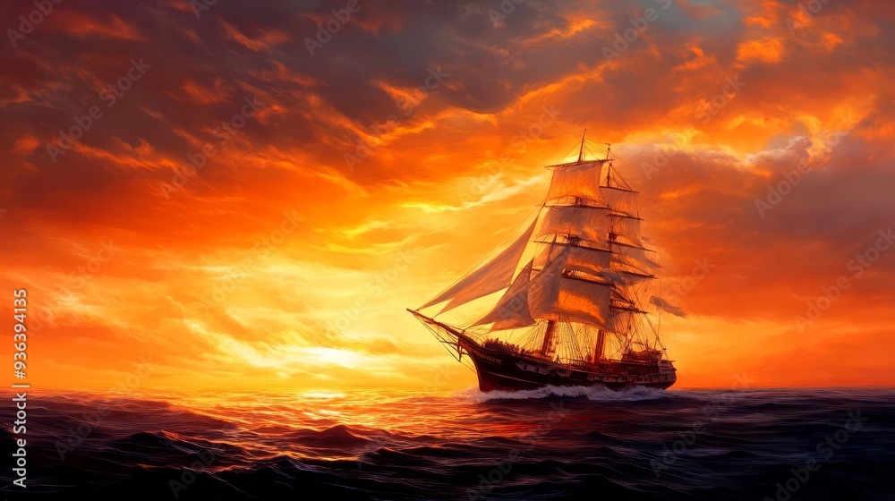 Obraz premium A majestic sailing ship gliding across the ocean at sunset, surrounded by vibrant clouds and warm hues of orange and gold.