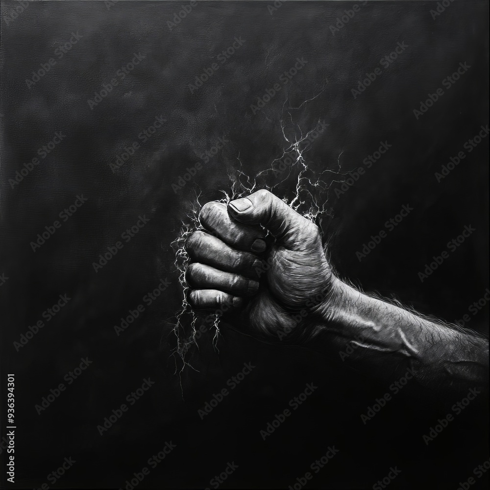 A powerful fist surrounded by lightning, symbolizing strength, energy, and dynamic intensity against a dark background.