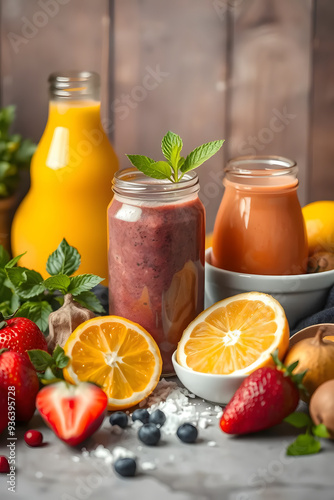 A vibrant display of fresh fruits and smoothies. The scene includes a jar of berry smoothie, a glass of orange juice, and a bowl of strawberries and oranges, all arranged beautifully with mint leaves.