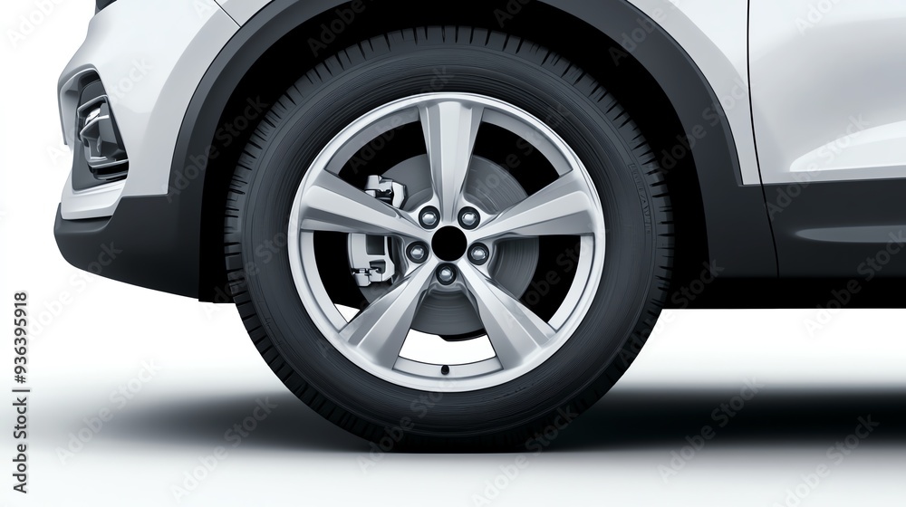 Close-up of a modern car wheel showcasing a sleek design and durable tire, perfect for automotive enthusiasts and advertisements. Close-up of a modern car wheel showcasing a sleek design and durable tire, perfect for automotive enthusiasts and advertisements.