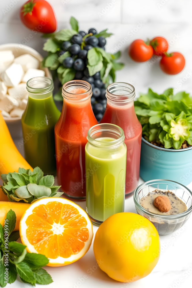 A vibrant display of fresh fruits and juices, including green, red, and orange juices in glass bottles, surrounded by bananas, oranges, lemons, and blueberries. A vibrant display of fresh fruits and juices, including green, red, and orange juices in glass bottles, surrounded by bananas, oranges, lemons, and blueberries.