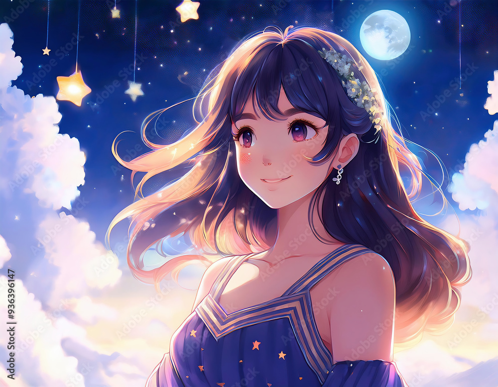 A dreamy night time scene featuring a charming anime girl with long hair looking up at a magical starry sky A dreamy night time scene featuring a charming anime girl with long hair looking up at a magical starry sky