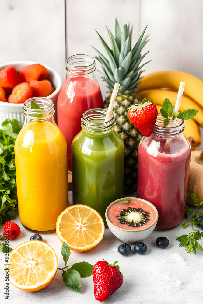 A vibrant display of colorful smoothies in glass bottles, surrounded by fresh fruits and greens. The smoothies include yellow, green, red, and pink varieties. A vibrant display of colorful smoothies in glass bottles, surrounded by fresh fruits and greens. The smoothies include yellow, green, red, and pink varieties.