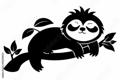 Sloth sleeping on a tree branch silhouette Vector illustration. 